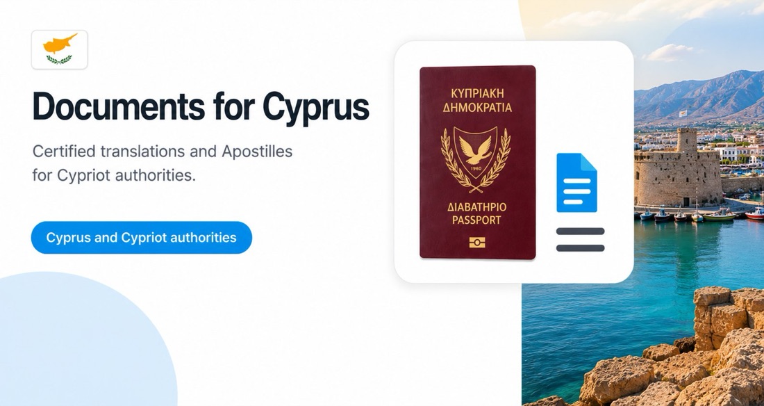 Documents for Cyprus: Cypriot passport and document illustration by the harbour, Cyprus