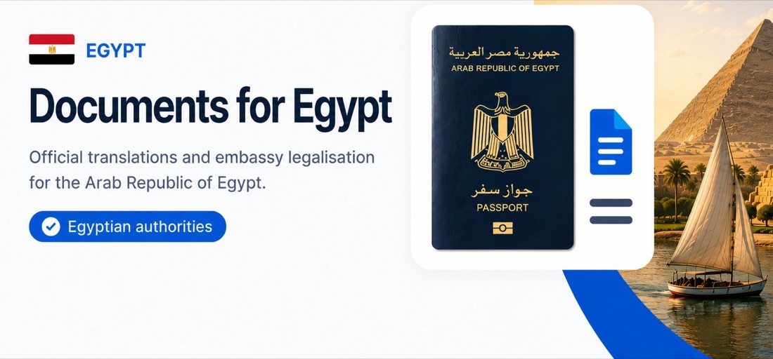 Documents for Egypt: Egyptian passport and document illustration in front of the Pyramids and Sphinx, Giza