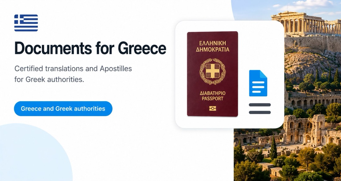 Documents for Greece: Greek passport and document illustration in front of the Acropolis, Athens