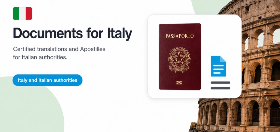 Documents for Italy: Italian passport and document illustration in front of the Colosseum, Rome