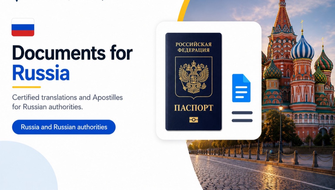 Documents for Russia: Russian passport and document illustration in front of Saint Basil's Cathedral, Moscow